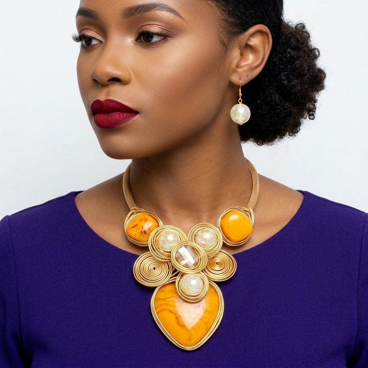 Yellow Coiled Wire Heart Handmade Bib Necklace