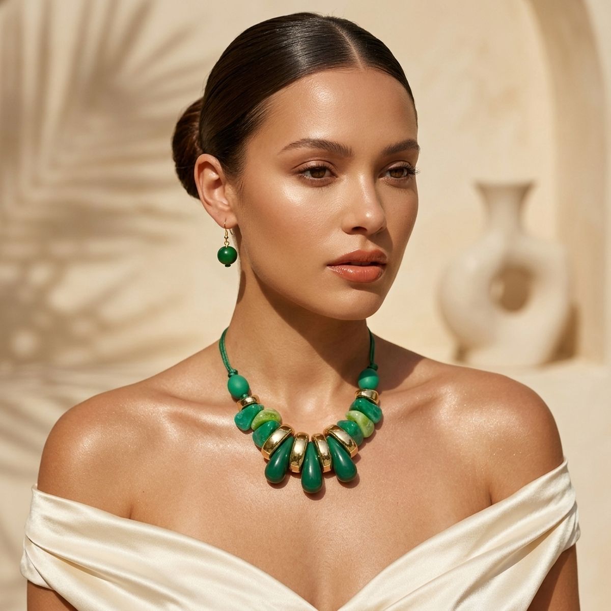 Green & Gold Resin Teardrop Cord Tribal Necklace