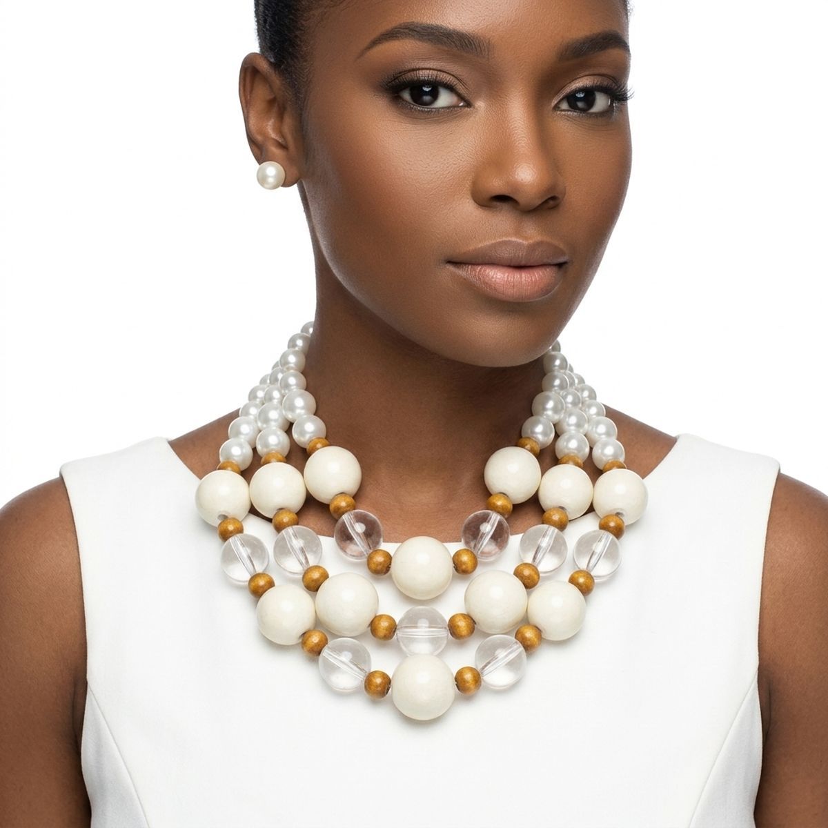 Chunky Ivory Glazed Bead & Pearl Layered Necklace