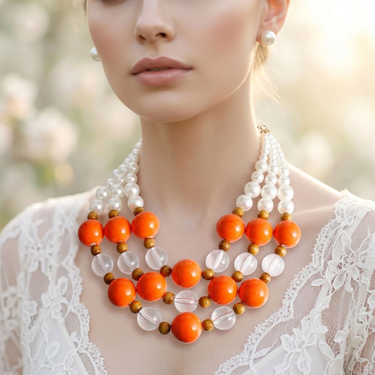 Chunky Orange Glazed Bead & Pearl Layered Necklace