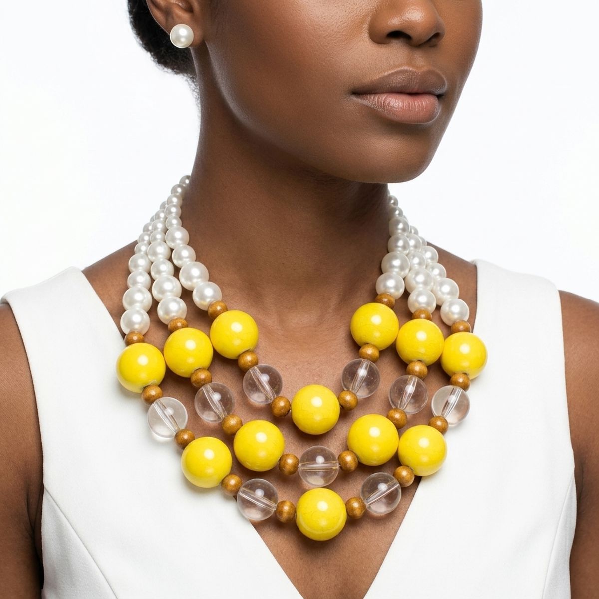 Chunky Yellow Glazed Bead & Pearl Layered Necklace