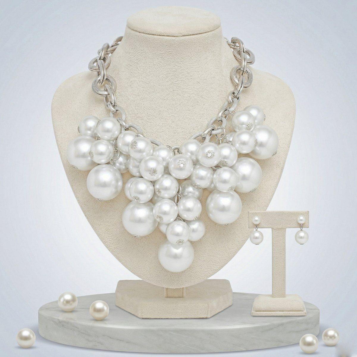 White Pearl Cluster Opulent Chunky Bib Necklace