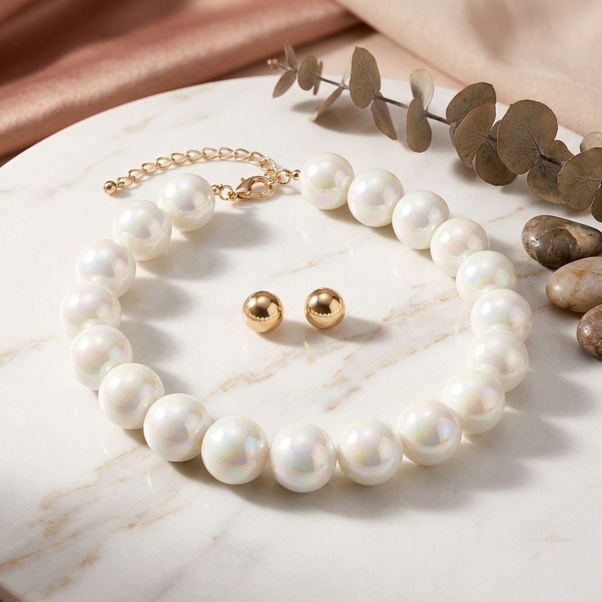 High Gloss Pearlescent White 24mm Bead Necklace