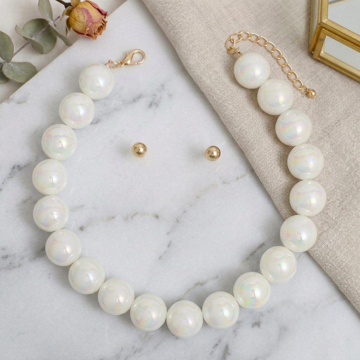 High Gloss Pearlescent White 24mm Bead Necklace