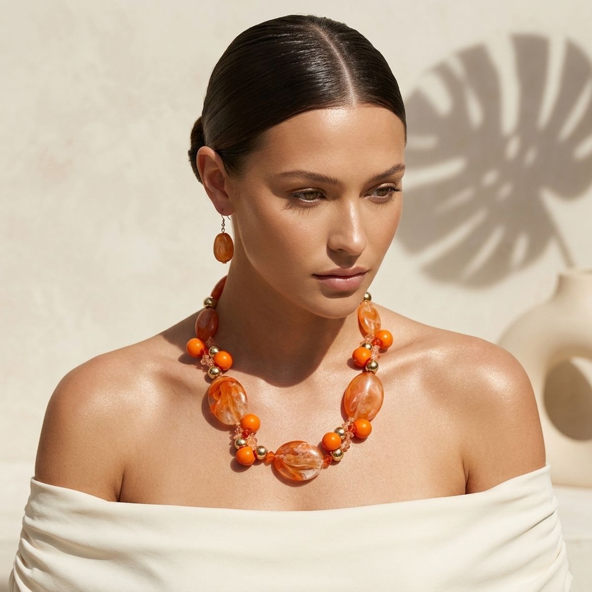 Rustic Orange Marbled Oval Bead Collar Necklace