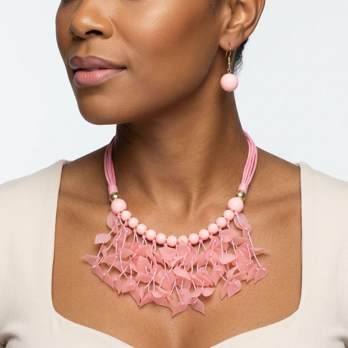 Pink Cascading Leaves Beaded Cord Necklace