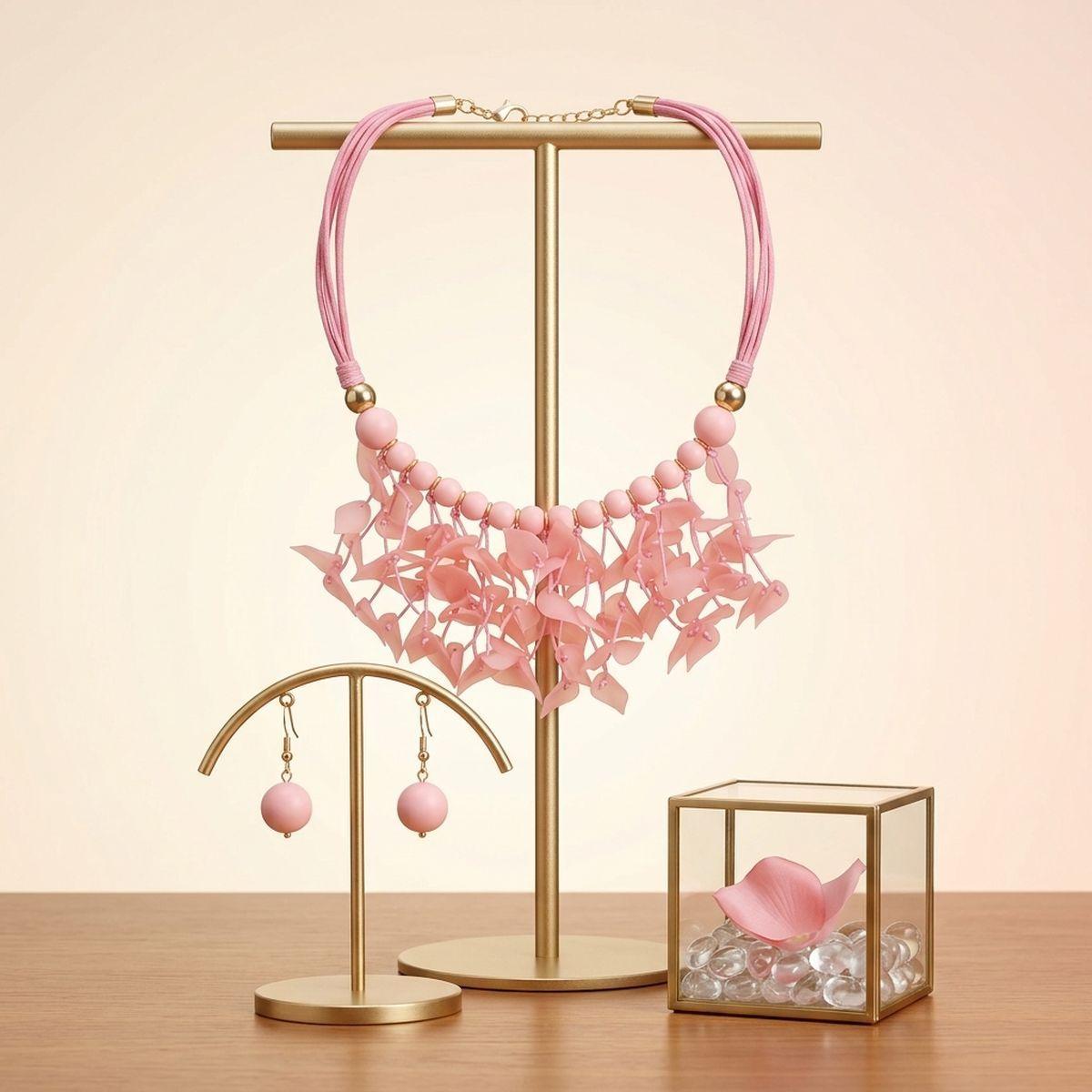 Pink Cascading Leaves Beaded Cord Necklace