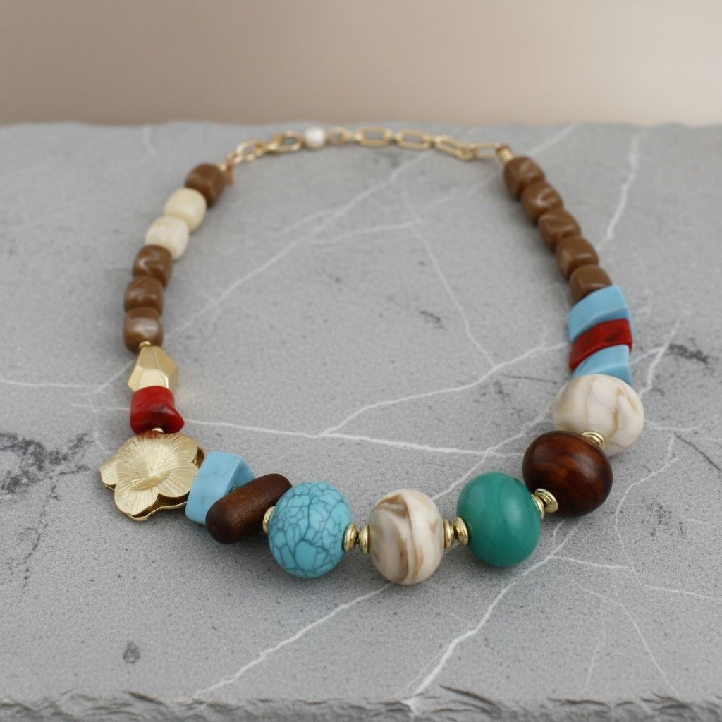 Chunky Stone Geometric Bead Flower Tribal Necklace