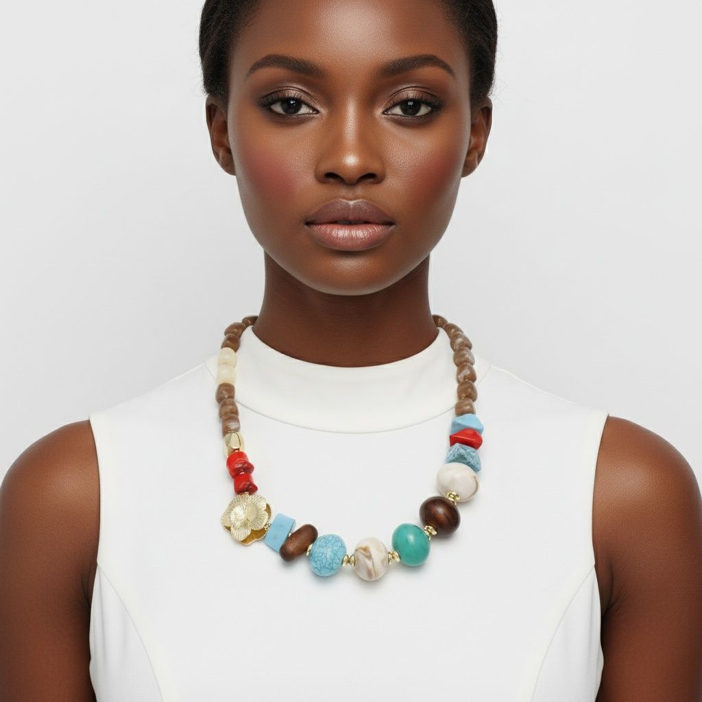 Chunky Stone Geometric Bead Flower Tribal Necklace