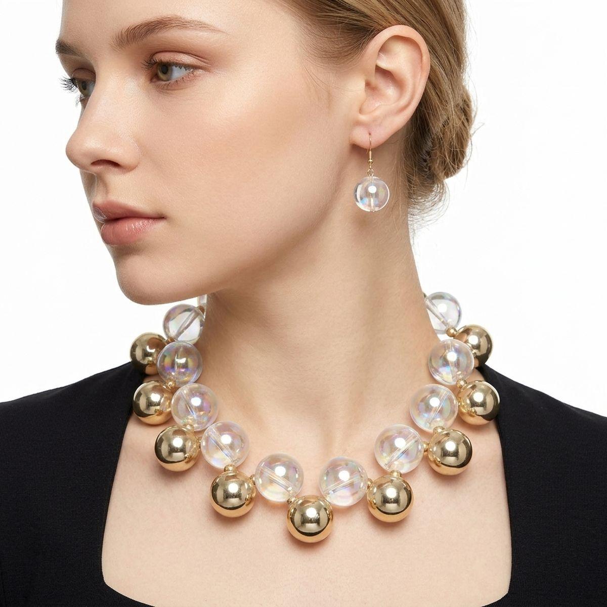 Necklace Clear Iridescent Gold Bubble Ball Bead