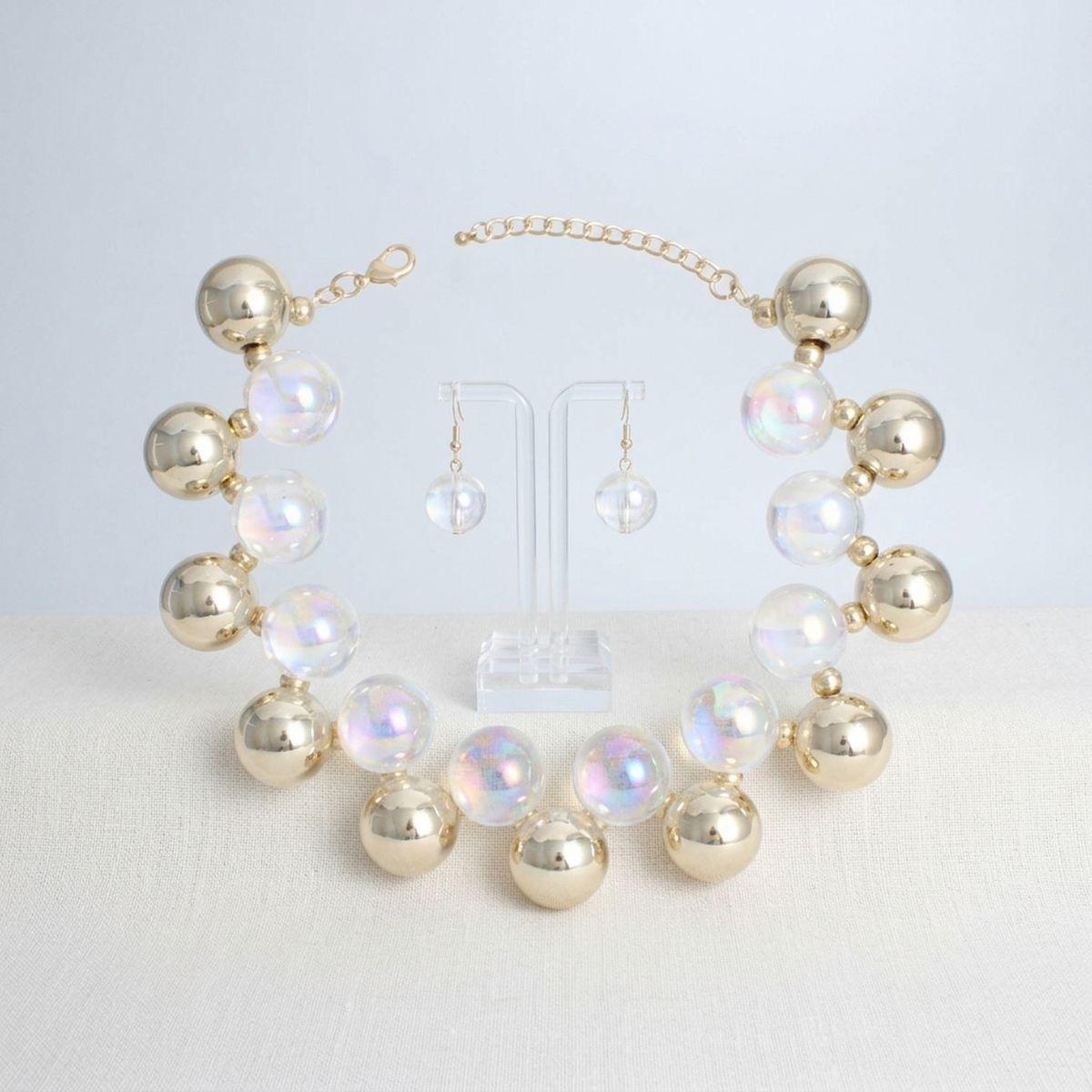 Necklace Clear Iridescent Gold Bubble Ball Bead