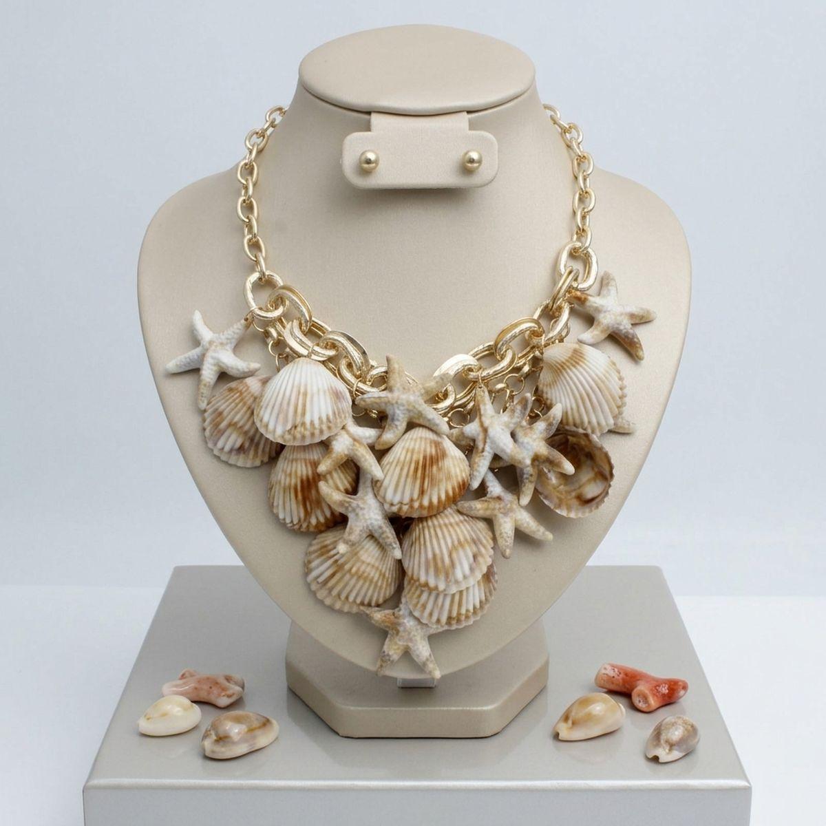 Shell and Starfish Bib Seaside Drop Gold Necklace