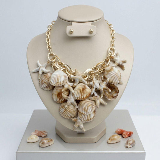 Shell and Starfish Bib Seaside Drop Gold Necklace