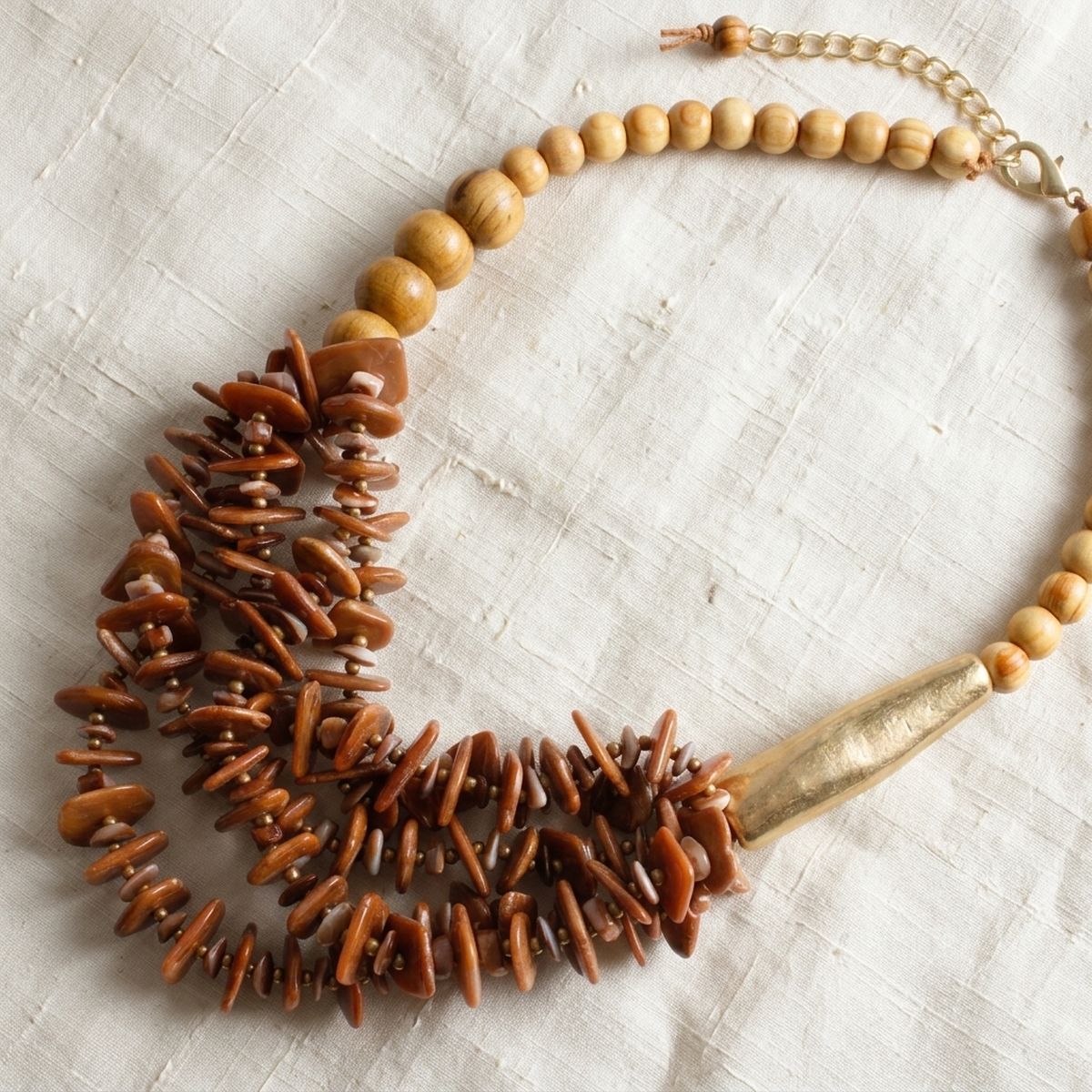 Tribal Brown Disc & Wood Chunky Bib Necklace