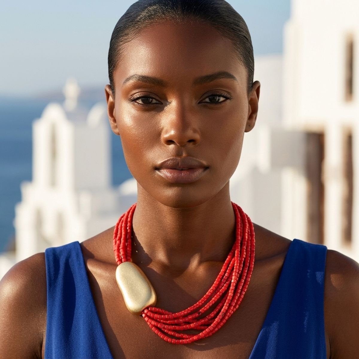 Tribal Coral Red Cube Bead 9 Strand Necklace
