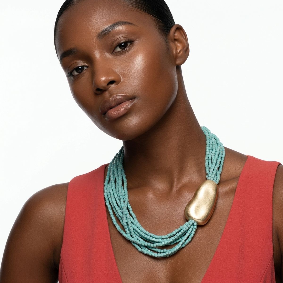 Tribal Turquoise Cube Bead 9 Strand Necklace