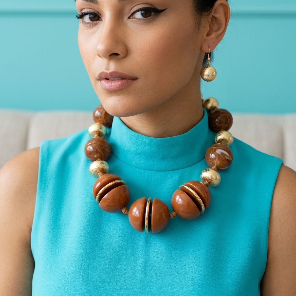 Swirled Caramel Brown Marble Chunky Bead Necklace