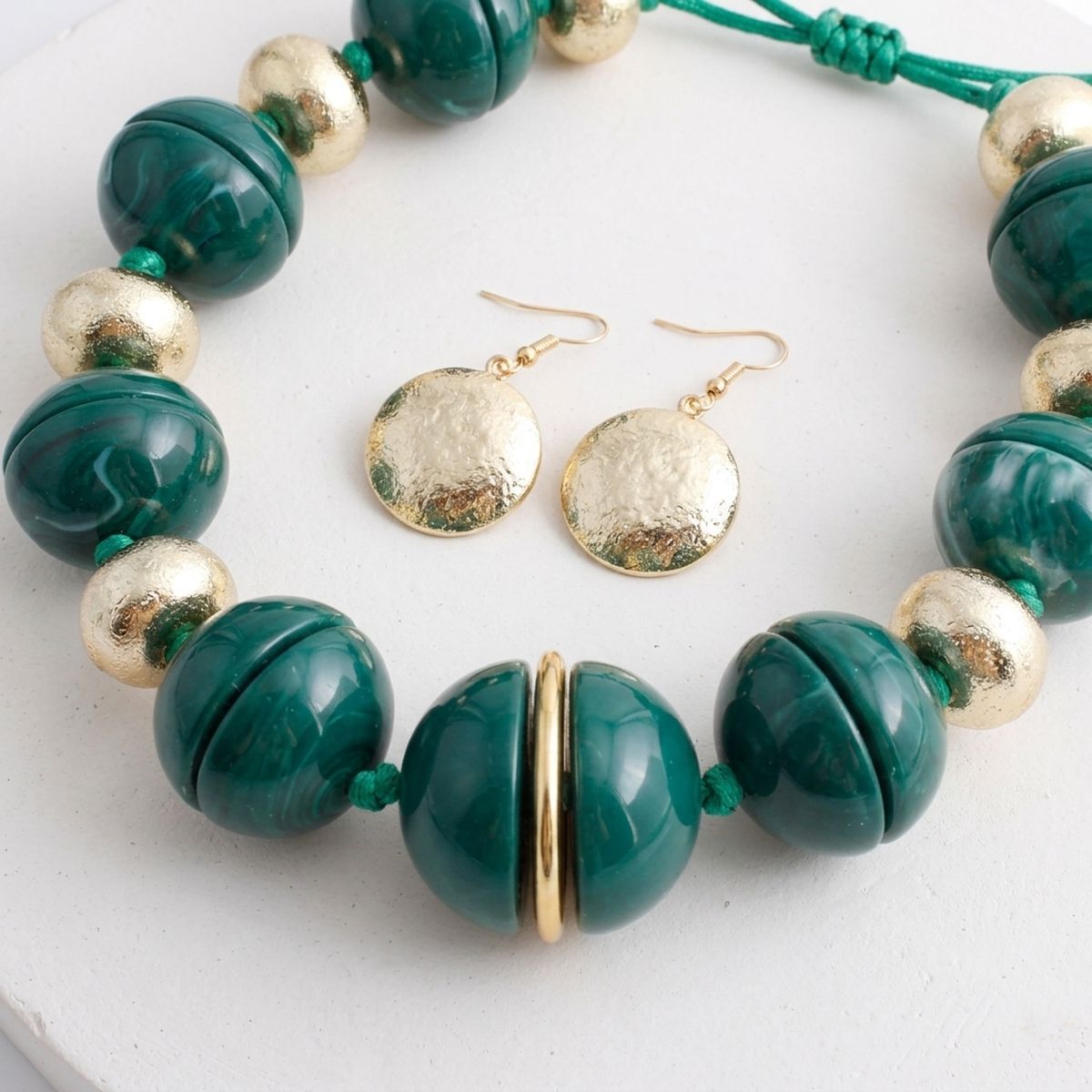 Emerald Green & Gold Marble Chunky Bead Necklace