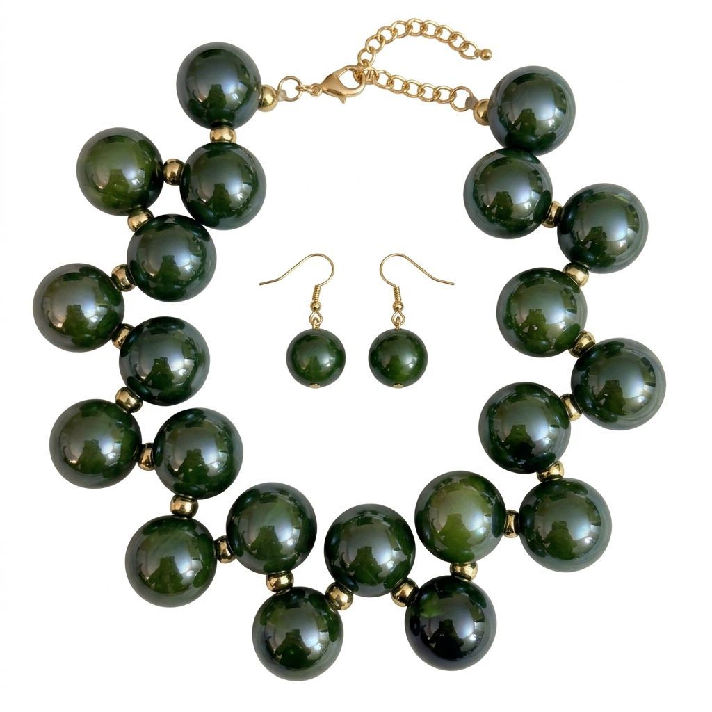 Olive Green Marble Bubble Ball Bead Necklace