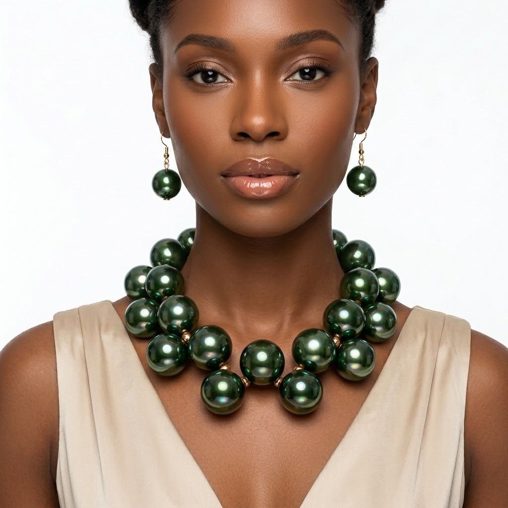 Olive Green Marble Bubble Ball Bead Necklace