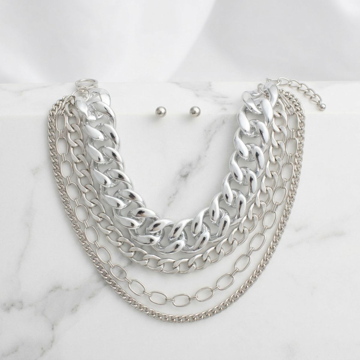 Silver Multi Link Style 4 Layer Chain Necklace