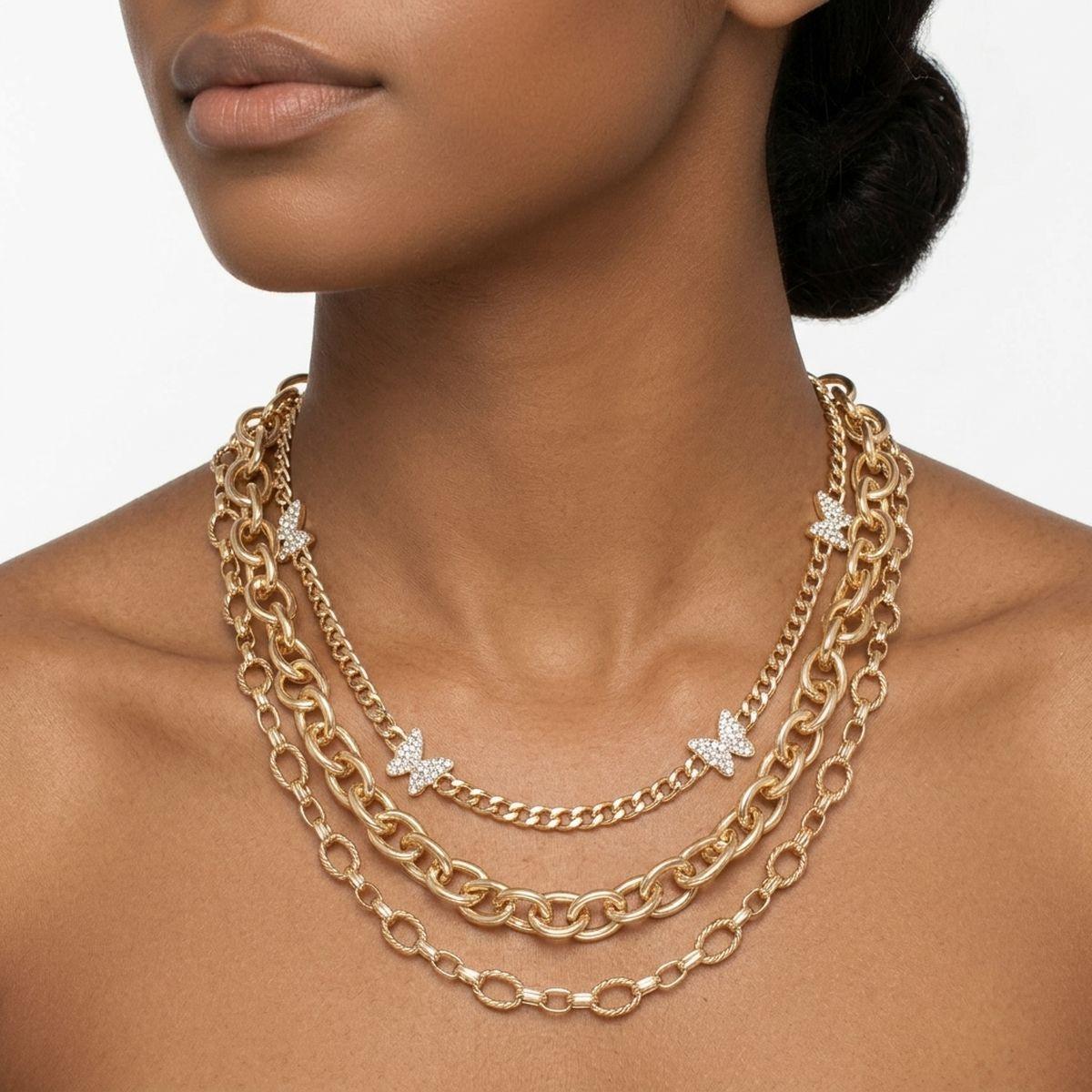 Gold Mixed Chain Stone Butterfly 3 Layer Necklace