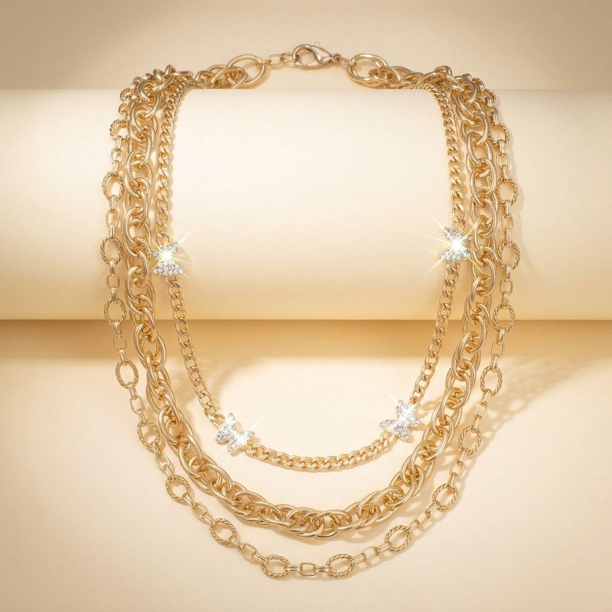 Gold Mixed Chain Stone Butterfly 3 Layer Necklace