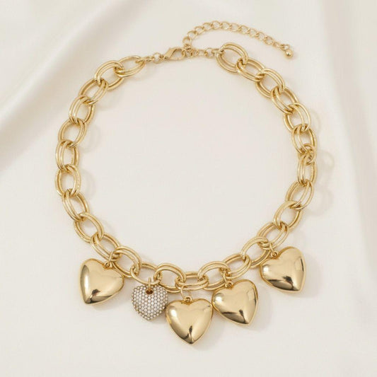 Chain Gold Puffy Heart Aurbo Stone Charm Necklace