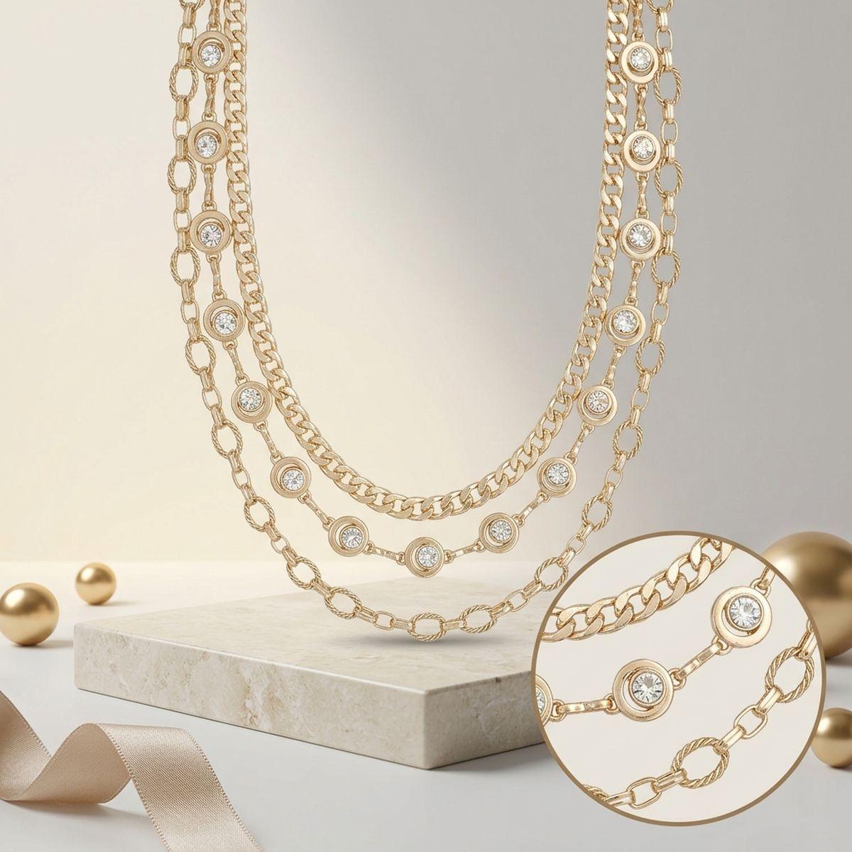 Gold Mixed Chain 3 Layer Necklace with Rhinestones