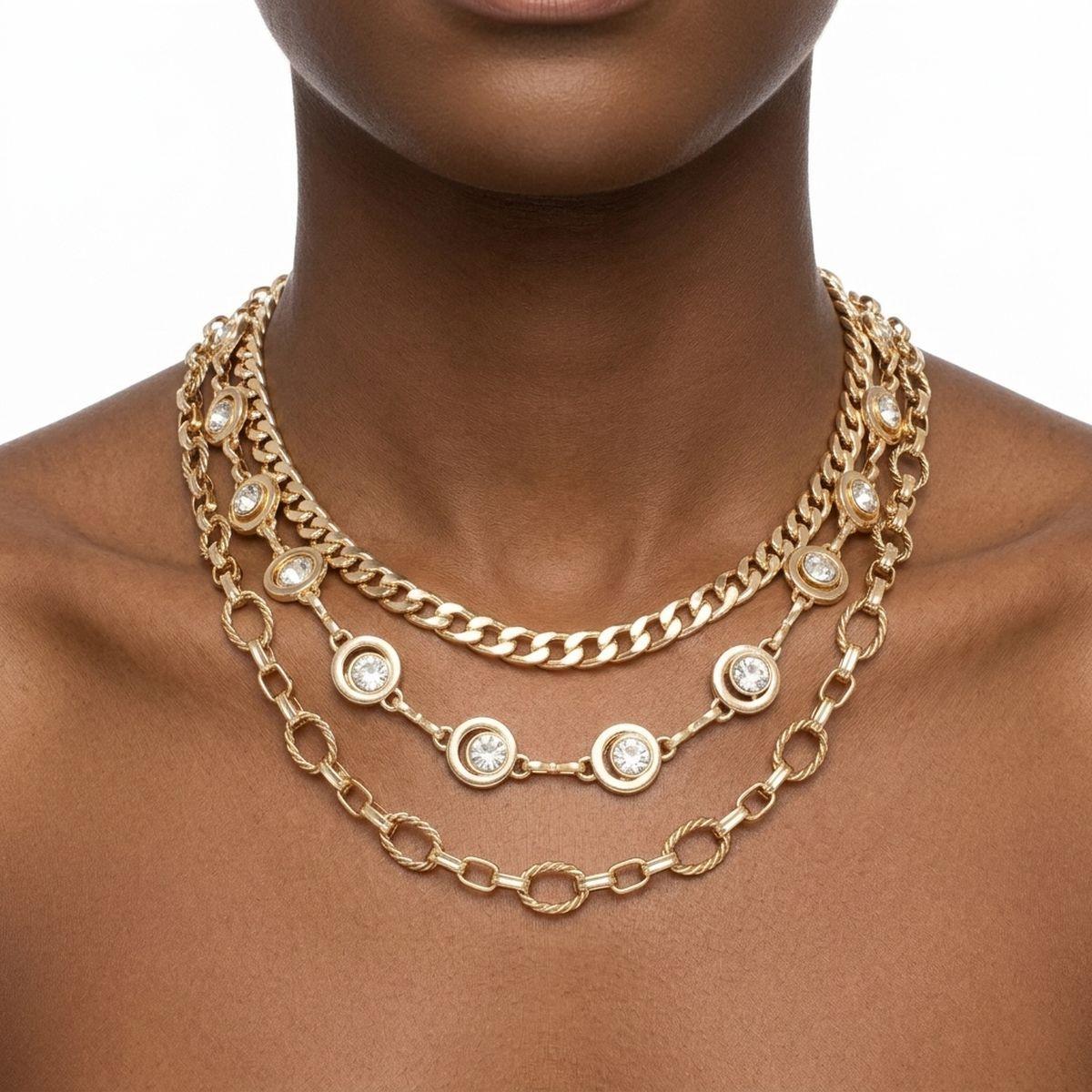 Gold Mixed Chain 3 Layer Necklace with Rhinestones