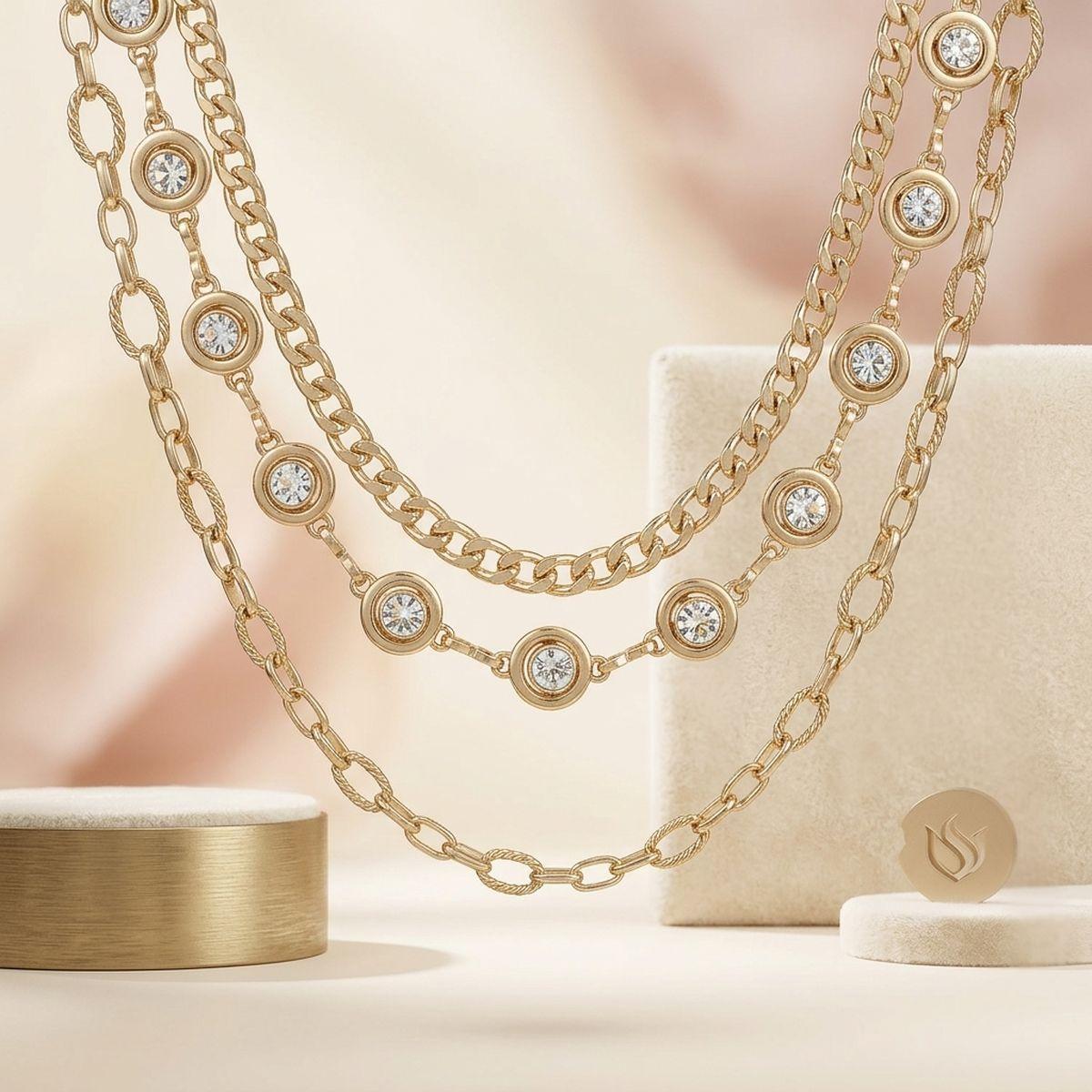Gold Mixed Chain 3 Layer Necklace with Rhinestones