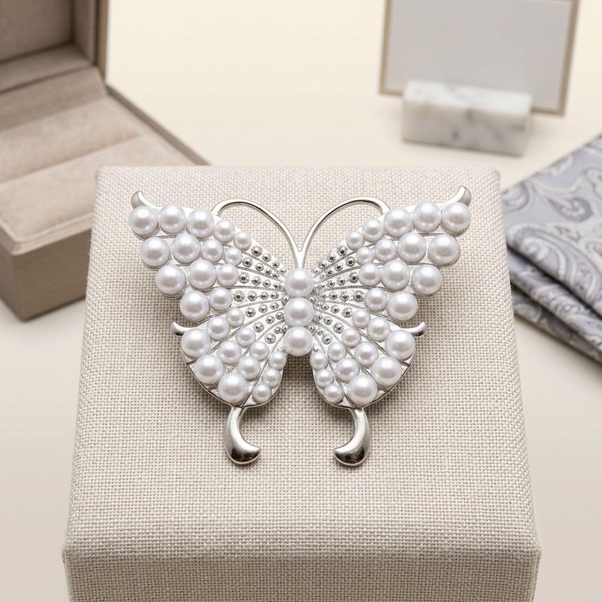 Silver Butterfly Large Brooch Pin with Pearls