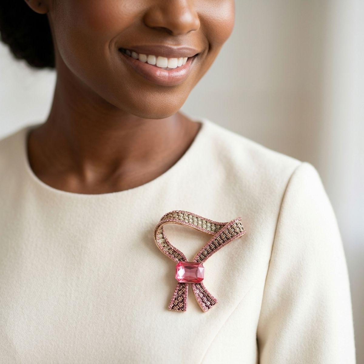 Antique Gold Pink Crystal Woven Ribbon Brooch