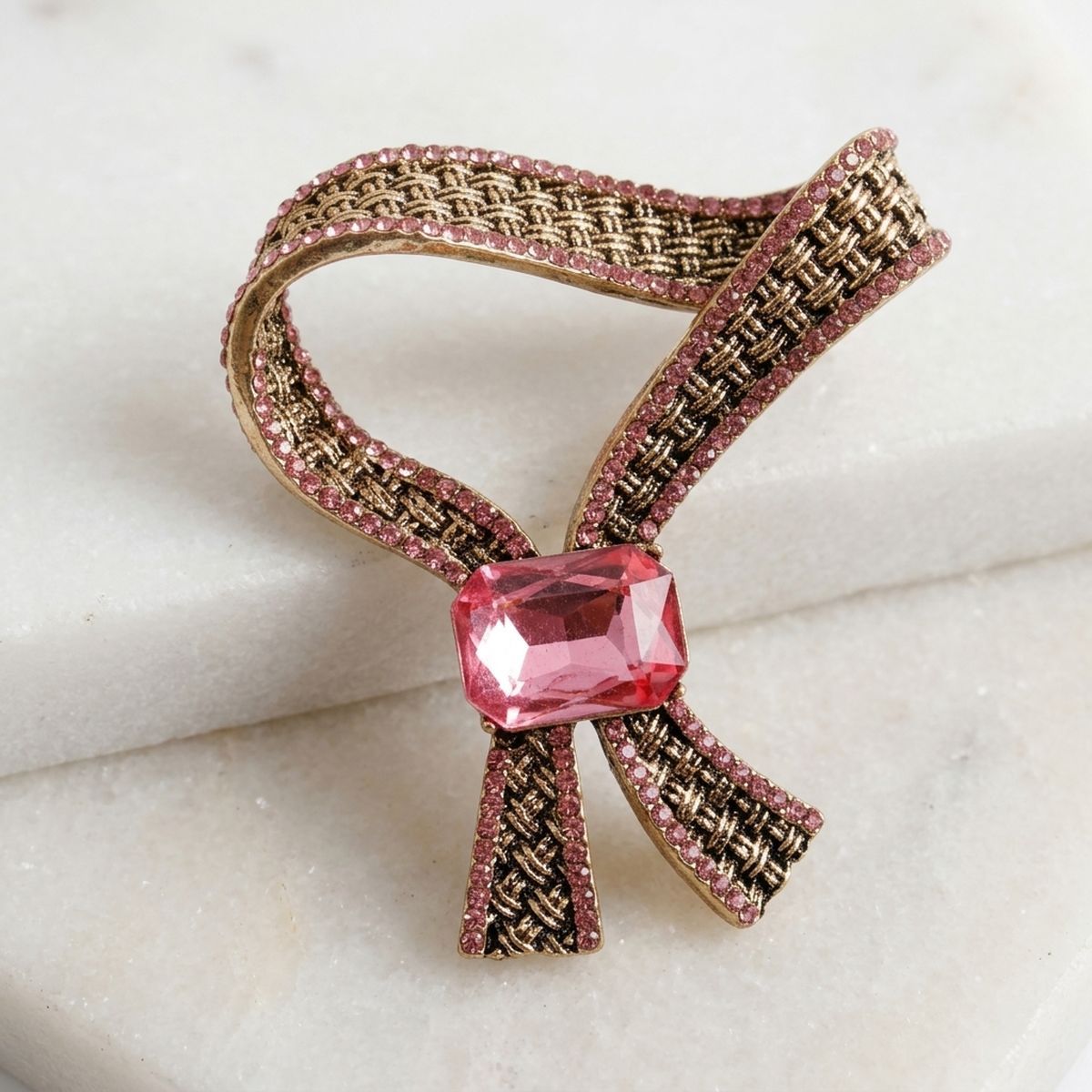 Antique Gold Pink Crystal Woven Ribbon Brooch