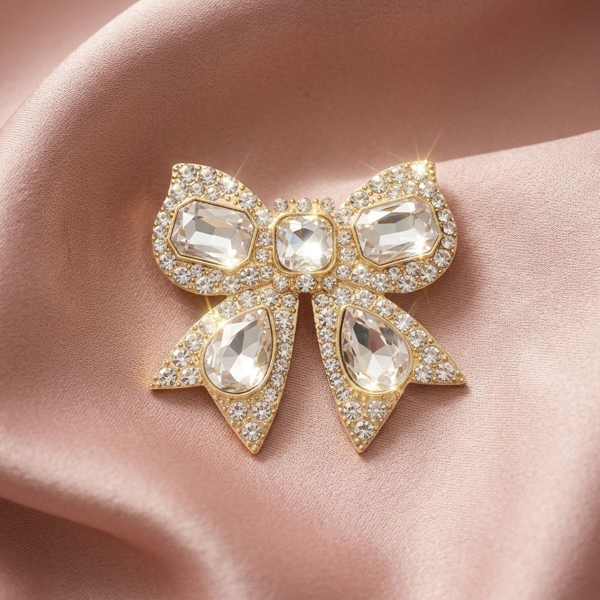 Oversized Brooch Gold Ribbon Bow Crystal Pin