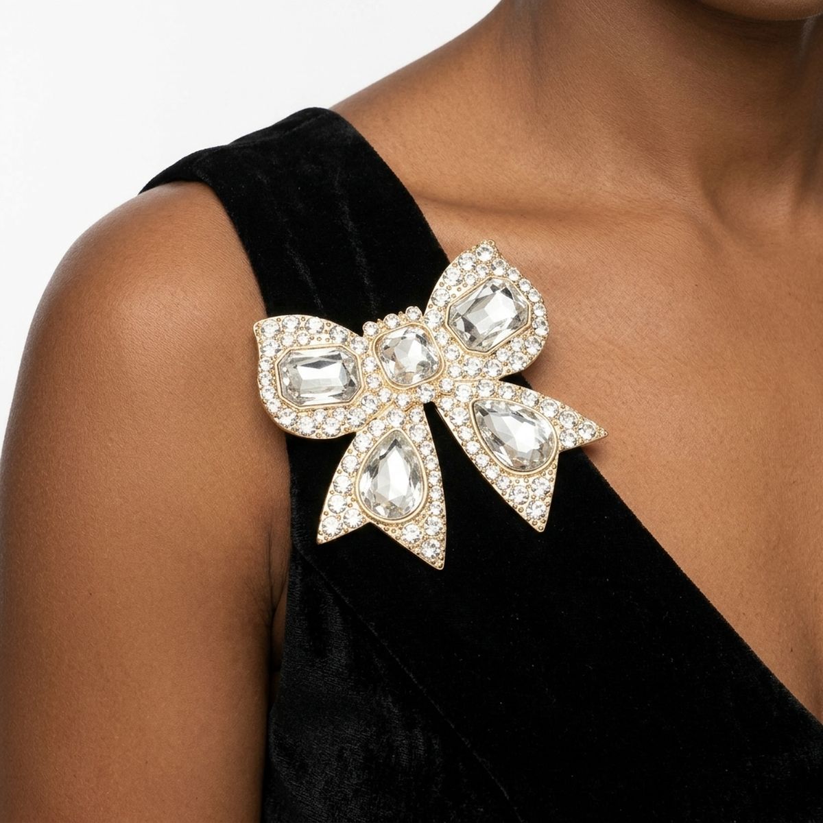 Oversized Brooch Gold Ribbon Bow Crystal Pin
