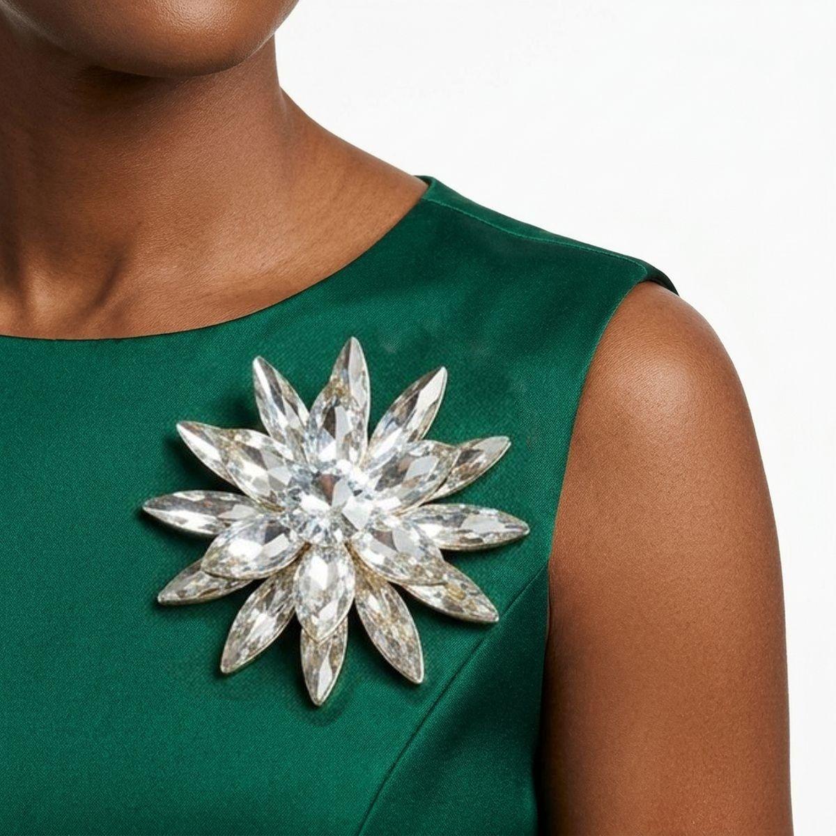 Oversized Brooch Gold Marquise Crystal Flower Pin