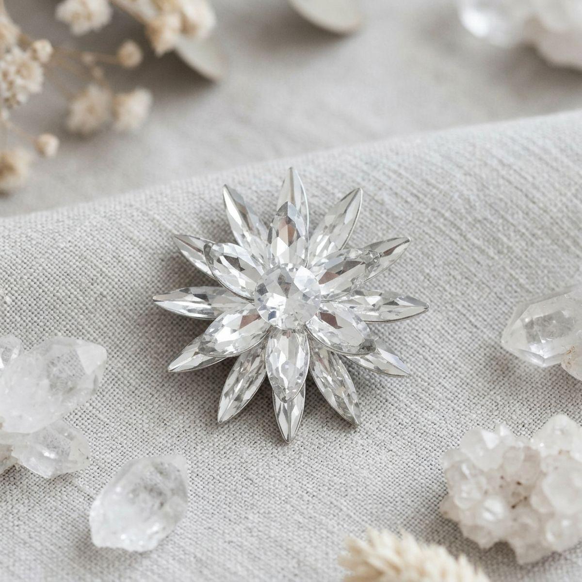 Oversize Brooch Silver Marquise Crystal Flower Pin