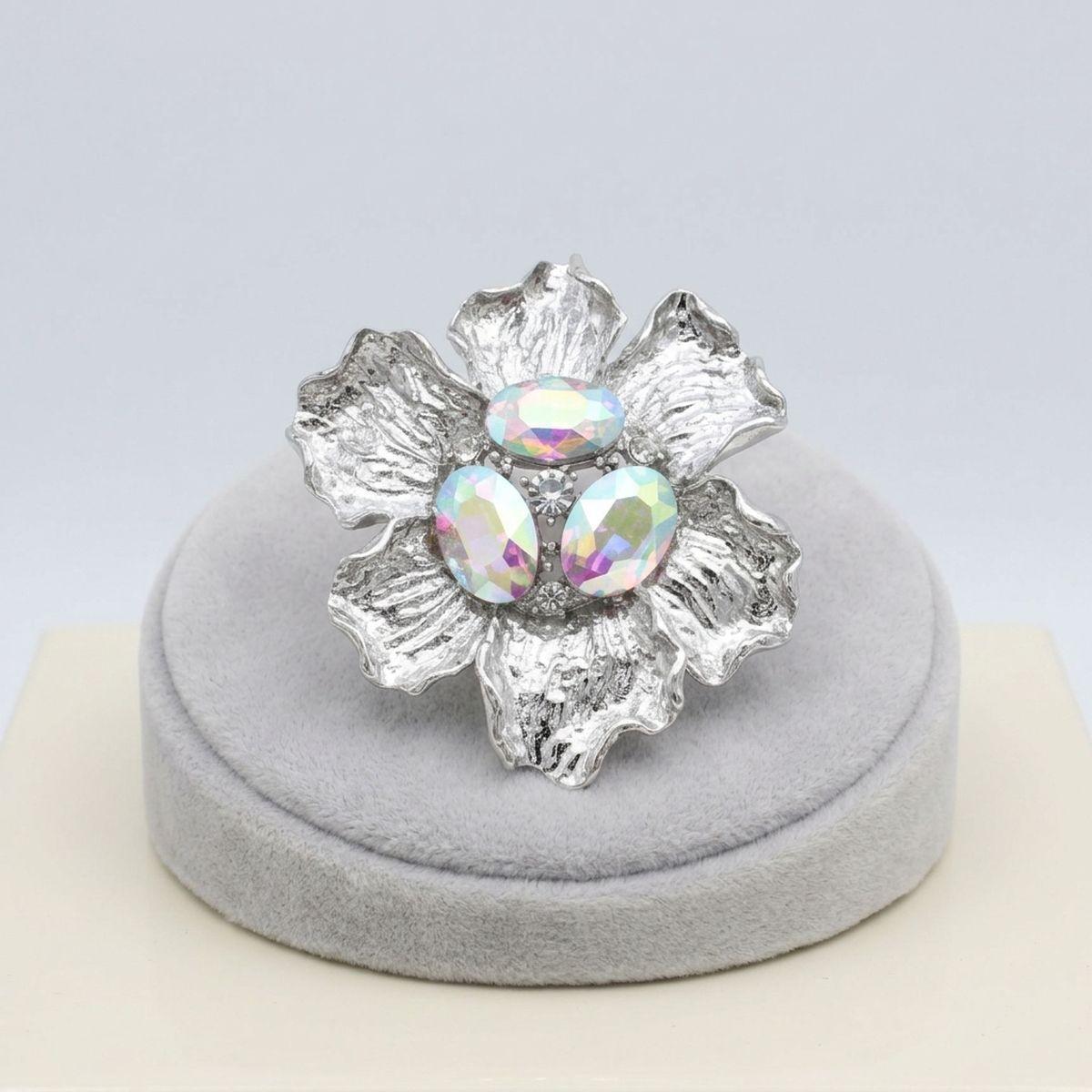 Oversized Brooch Silver Flower Aurbo Crystal Pin