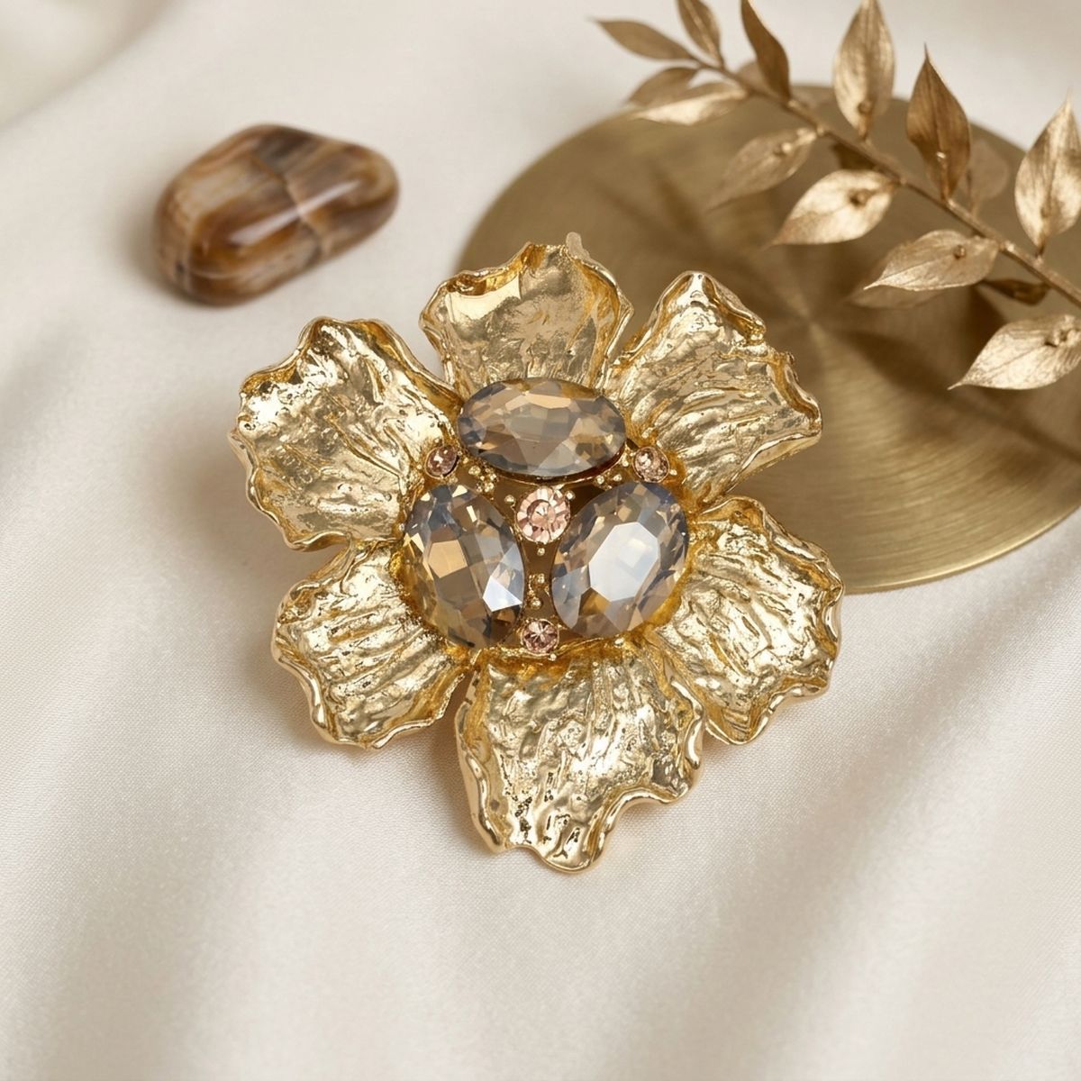 Oversized Brooch Gold Flower Brown Crystal Pin