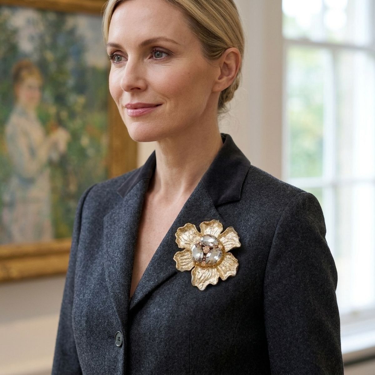 Oversized Brooch Gold Flower Brown Crystal Pin