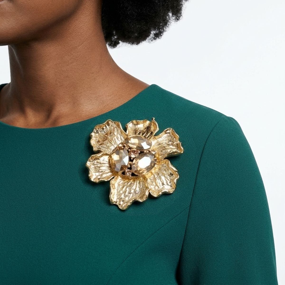 Oversized Brooch Gold Flower Brown Crystal Pin