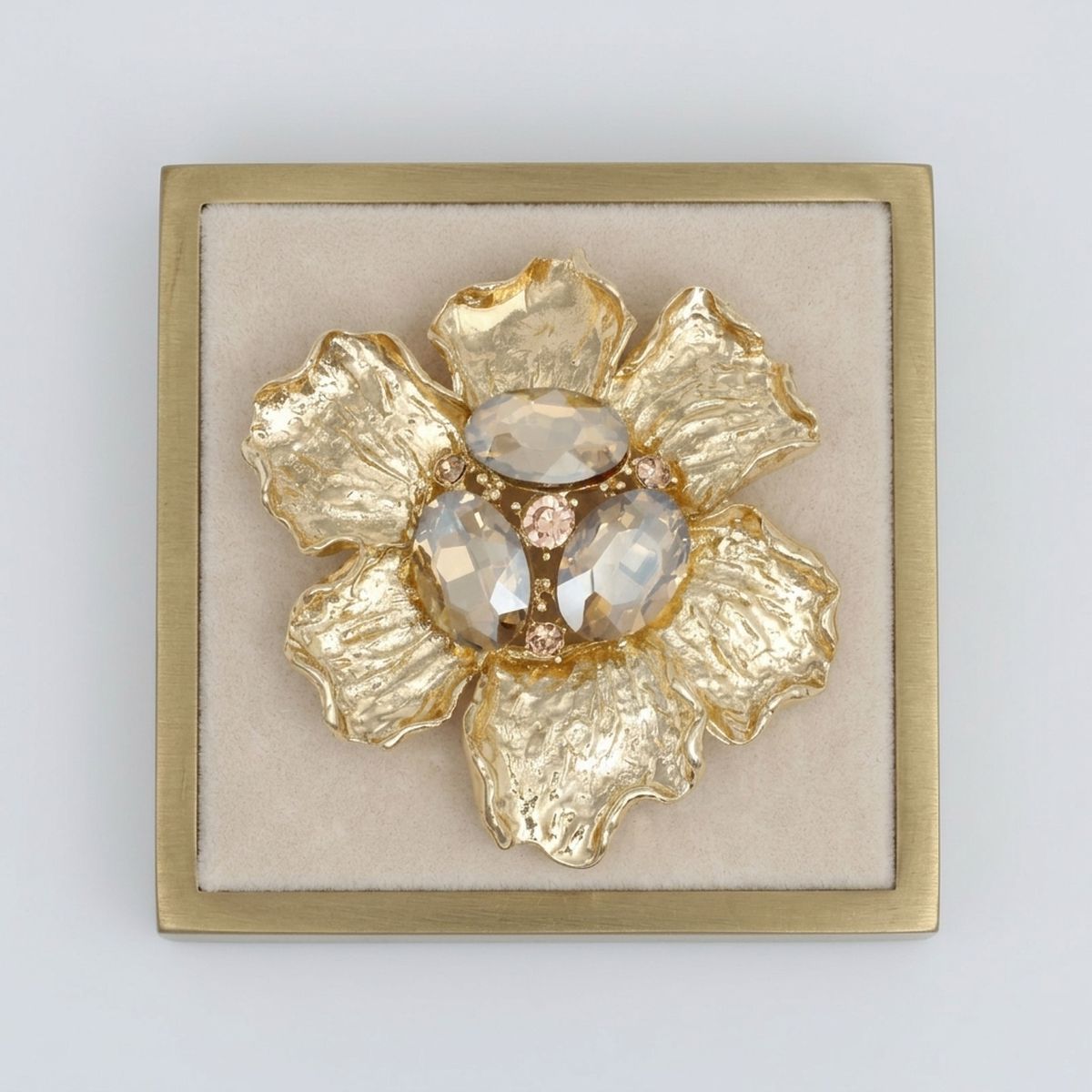 Oversized Brooch Gold Flower Brown Crystal Pin
