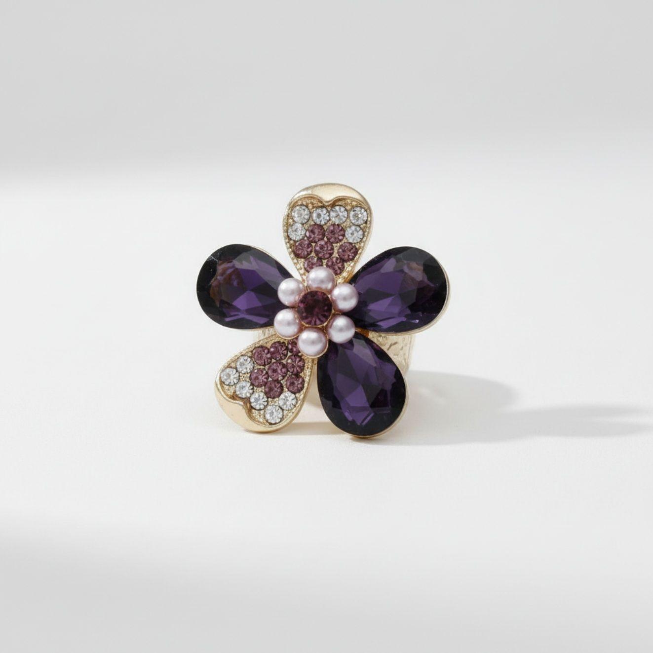 Cocktail Ring Purple Teardrop Crystal Flower Design