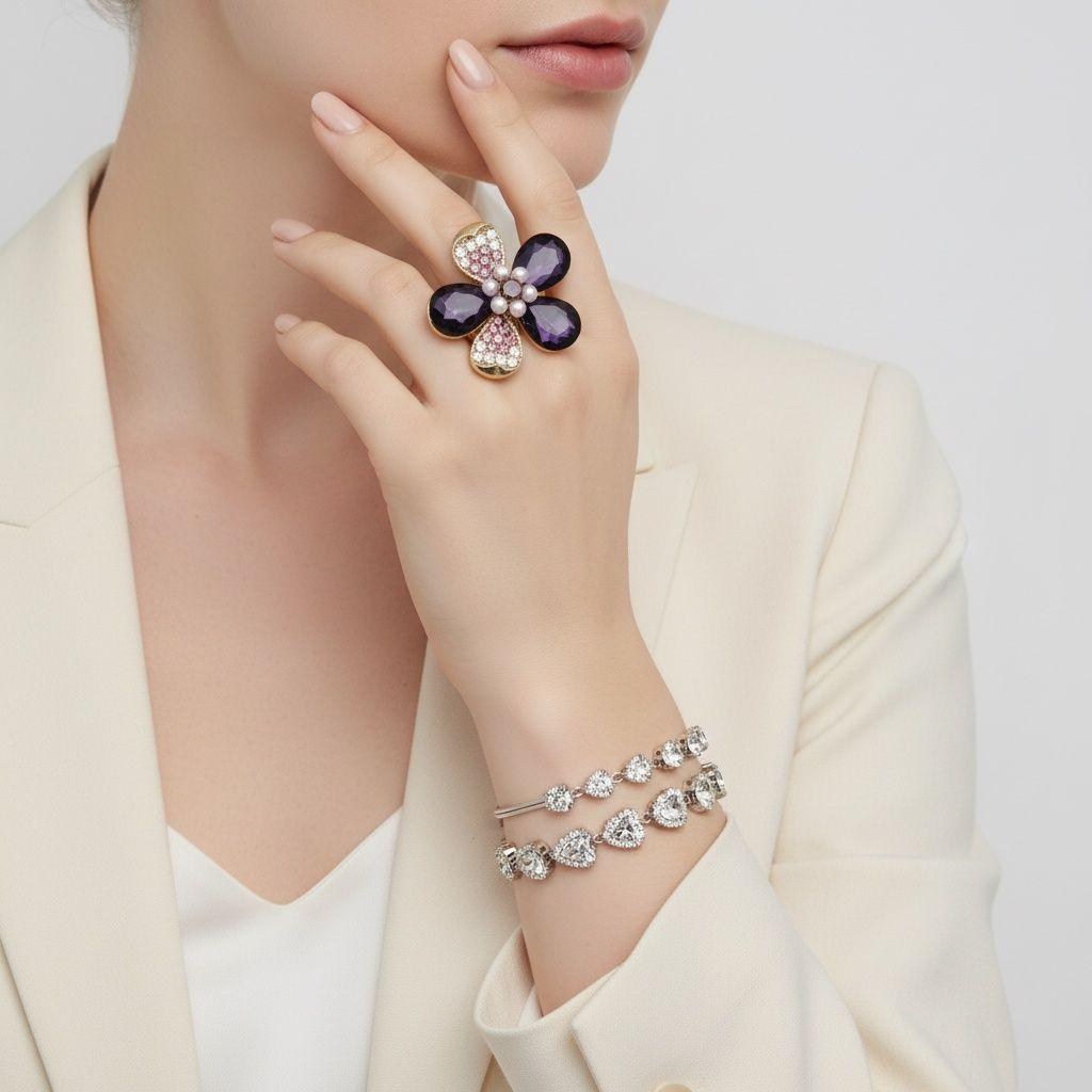 Cocktail Ring Purple Teardrop Crystal Flower Design