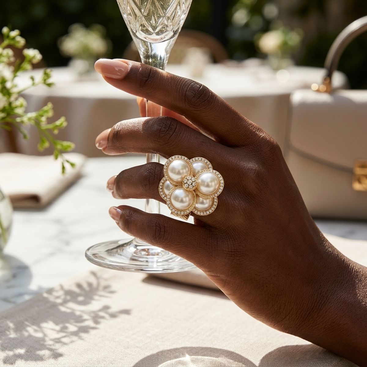 Cocktail Gold Stacked Pearl Dome Pave Ring