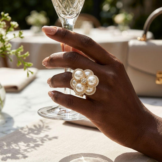 Cocktail Gold Stacked Pearl Dome Pave Ring