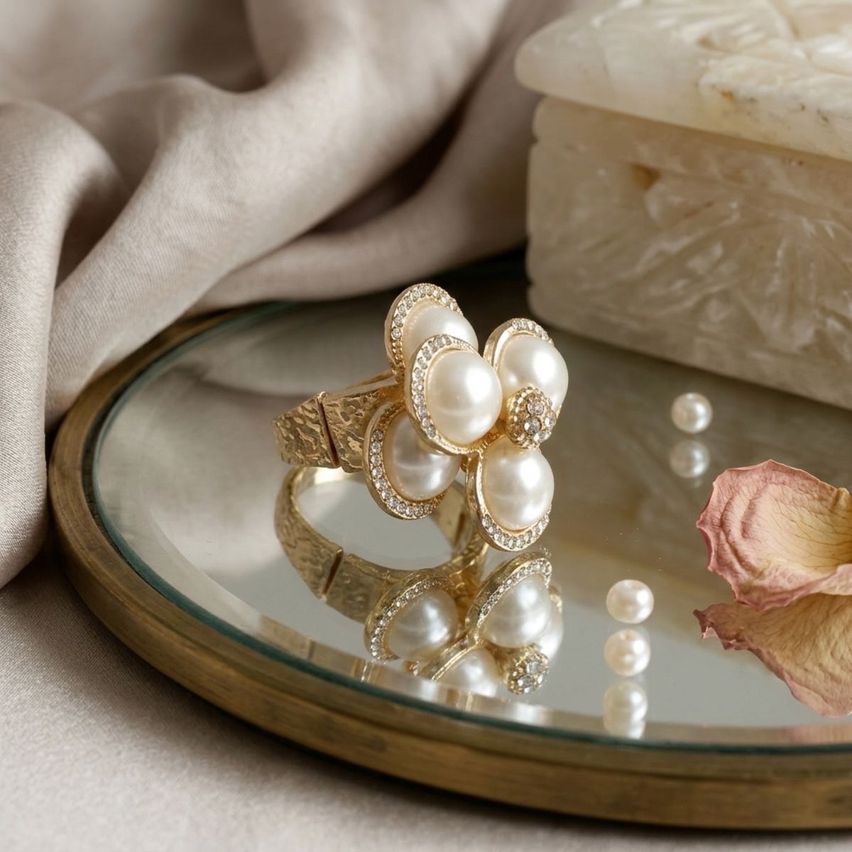 Cocktail Gold Stacked Pearl Dome Pave Ring