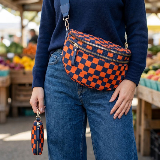 Navy & Orange Checkered Nylon Crossbody Sling Bag