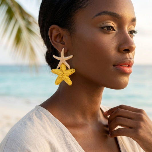 Sunny Yellow Raffia Starfish Drop Earrings